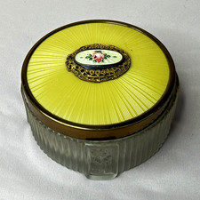 Vintage Yellow Guilloche Enamel Powder Jar Frosted Glass Rose Vanity Box picture