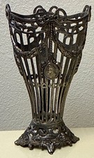 Godinger Silver Plate Pierced Openwork Lattice Vase holder stand Cameo Medallion picture