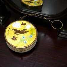 VTG  Art Deco Enamel Compact Finger Ring Chain Birds Flowers Guilloche Dancing picture