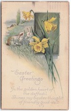 Vintage 1919 Easter Postcard Daffodils Rabbits Bunnies Maine No Yarmouth Posted picture