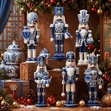 6 Pcs Wooden Nutcracker, Blue and White Christmas Decor, 5.9'' picture