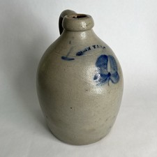 Antique Penn Yan Stoneware Jug Salt Glaze Blue Painted Floral New York Mantell picture