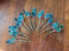 Vtg Lot 12 Lacquered Holly Leaves Red Berries Stem Picks Tie Ons Christmas picture