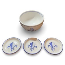Vintage French Faience Fleur-de-lis Set Montgolfier Bowl & 3 KG Butter Pats picture