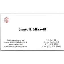 Greif Bros Corporation James S Minnelli Reno PA Vintage Business Card SSD7-BC1 picture