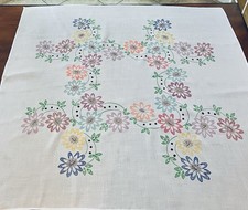 Vintage Bright Floral Printed Tablecloth Sheer White Multi Colored Daisies picture