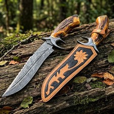 Damascus Steel Bowie Knife Fixed Blade Handmade Hunting Outdoor Knife picture