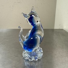 Vtg ICET Arte Murano Glass Cat Figurine / Paperweight - Clear & Blue 6