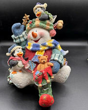 Vintage Heavy Hand Painted Resin Snowman Figurine w/Penguin Stocking Holder picture