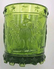 Vintage Kanawha Green Glass Drum Eagle Stars Toothpick Holder 70s Bicentennial picture