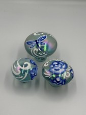 Hand Painted Viking Glass Mushroom Set Blue Opalescent  3 Piece Set By Mosser picture