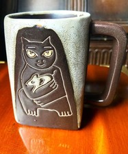 Mara Mexico Art Pottery Cat Mug Stoneware Square Base Signed Coffee Cup Vintage picture
