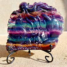860g Natural Fluorite Quartz Carved Sea World Skull Crystal Reiki Gem Decor+S picture