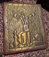 VTG Handmade Native American Copper Relief Wall Art on Wood Plaque Rustic Decor picture