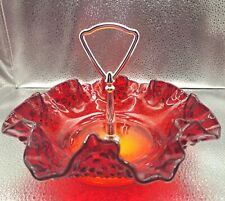 Fenton Hobnail Ruby Red Amberina Glass Ruffled Bon Bon Candy Dish with Handle picture