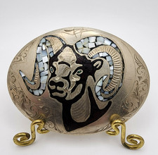 VTG 1980s Volcano Ram Head Mother of Pearl Silver Plate Western Belt Buckle picture