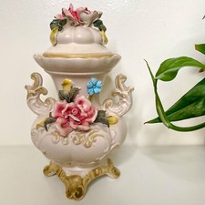 Superb Vtg Capodimonte Urn Vase Double Handles & Lid Roses N Crown Mark Italy picture
