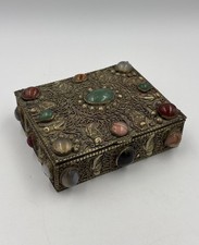 Vintage Agate Inlaid Moroccan Jewelry Box 4”x3-1/8”  with Semi Precious Stones picture