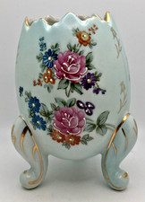 Vintage Ardco Cracked Egg Vase 5” Blue Floral Footed Easter Gold Trimmed Japan picture
