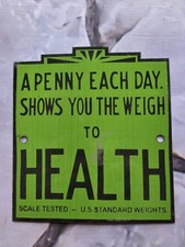 YOU SHOULD KNOW YOUR WEIGHT SCALE BATHROOM PORCELAIN METAL SIGN COBALT COIN GAS  picture