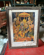 Antique Old Hindu Religious God Ram Panchayat Lithograph Print Frame 9.5x7.5