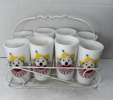 8 Vintage 1950s Clown Hazel Atlas Milk Glass Cups Circus Tumblers Caddy White picture