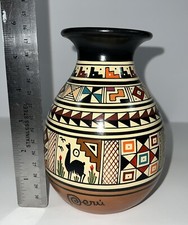 Peru Ceramic Hand Painted Vase Pot Inca Lamas Boho Southwest Cusco Style 9”x3” picture