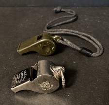 2 Lot Whistles, Metal UK Military Acme Thunderer & Plastic USA Military Style picture