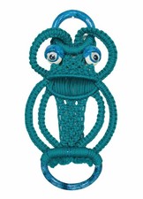 Vintage 70s Macrame Frog Towel Holder Big Ceramic Eyes Teal Wall Hanging picture