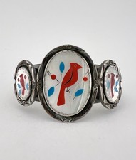 Vtg Zuni Sterling Silver Multi Gem Cardinal Bird Flush Inlay Cuff Bracelet 42.2g picture