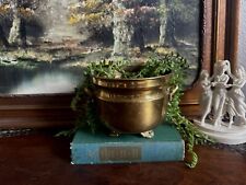 Vintage Brass Cauldron Pot 3 Footed Planter Ornate Feet Handles 6” Diameter picture