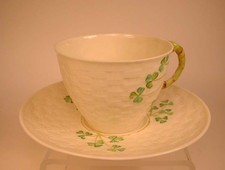 Vintage Belleek Porcelain Tea Cup Saucer Shamrock Basketweave Green Black picture