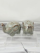 Pier 1 Imports Elephant Salt Pepper Shakers Set Celadon Stoneware Good Luck picture