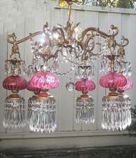 Fenton Chandelier lamp 6lite Vintage SWIRL cranberry glass Brass Bronze picture