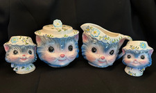 Vintage 5 Piece Lefton Miss Priss Blue Kitty Tea Set Creamer Sugar Shakers Cat picture