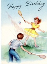 Vintage 60s Tennis Sports Gym Bible Religious Small Greeting Card Happy Birthday picture