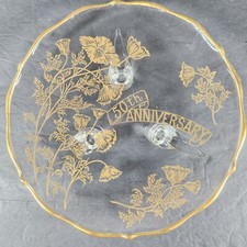 Vintage 50th Anniversary Clear Footed Scalloped Glass Plate Gold Trim W Flowers picture