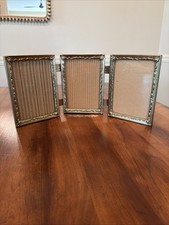 Vintage Tri-Fold Triple Hinged Gold Metal Picture Frame for 5 X 7 Pictures NICE picture