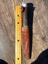 Kinfolks Chrome Fixed Blade Knife w/ Brown Leather Tool Sheath excellent  picture