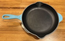Le Creuset Green Blue Enamel Cast Iron #26 Skillet Double Spout Frying Pan  picture