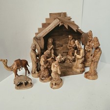 Vtg Olive Wood Nativity Set 15 Pcs Manger Holy Family 4 Animals Large 9.5