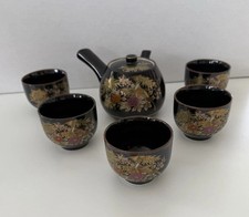 Vintage Japanese Black Porcelain Tea Set Peacock Peony Gold Gilt Kyusu 6-Piece picture