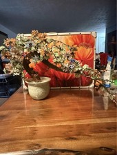 HUGE OLD Oriental Chrysanthemum Jade Glass Flower Bonsai Tree In Celadon Pot picture