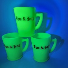 3 VINTAGE MCKEE JADITE JADEITE TOM & JERRY MUG CUP URANIUM GLASS GLOWS GREEN picture