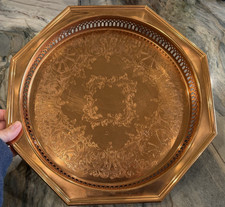 Coppercraft Guild Copper Tray Octaganol Etched Scroll Pierced Sides Fall Decor picture