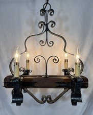 Vintage Spanish Revival Gothic Hammered Wrought Iron & Wood Beam Chandelier picture