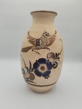 Vtg Mexican Sandstone Pottery Bird Folk Art Tonala Vase Cobalt Blue Brn Signed  picture