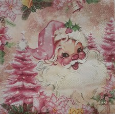 2 individual Paper Decoupage NAPKINS -PINK JOLLY SANTA picture