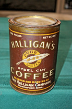ANTIQUE HALLIGAN'S PURE QUILL STEEL CUT COFFEE 1 POUND TIN DAVENPORT IOWA IA CAN picture
