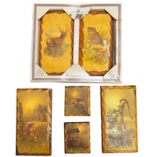 VTG Rustic Decoupage Wood Wall Plaques Set of 6 Deer Owl Barn Well Cabin Decor picture
